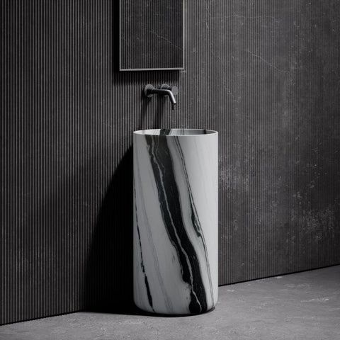Bathroom vanity with wooden cabinet and wall-mounted basin